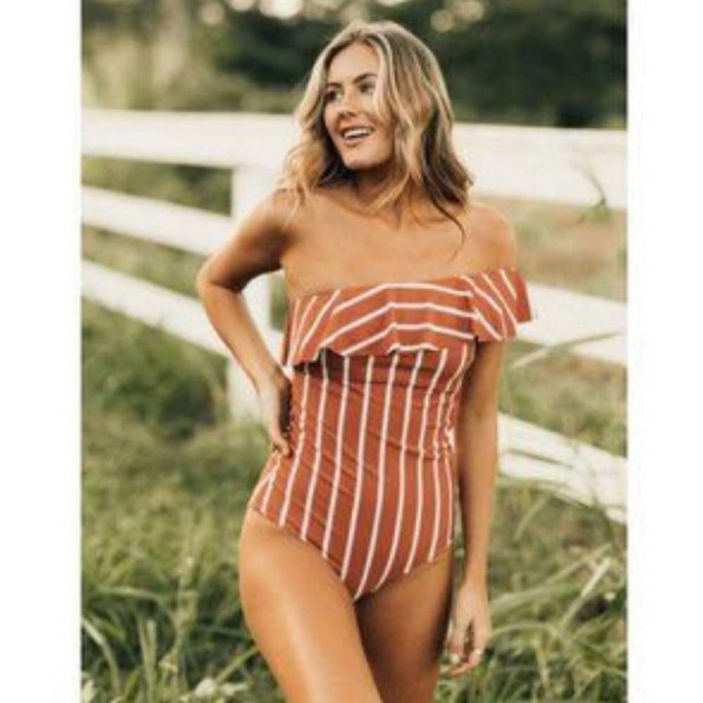 Striped Off-Shoulder Swimsuit - Red and White